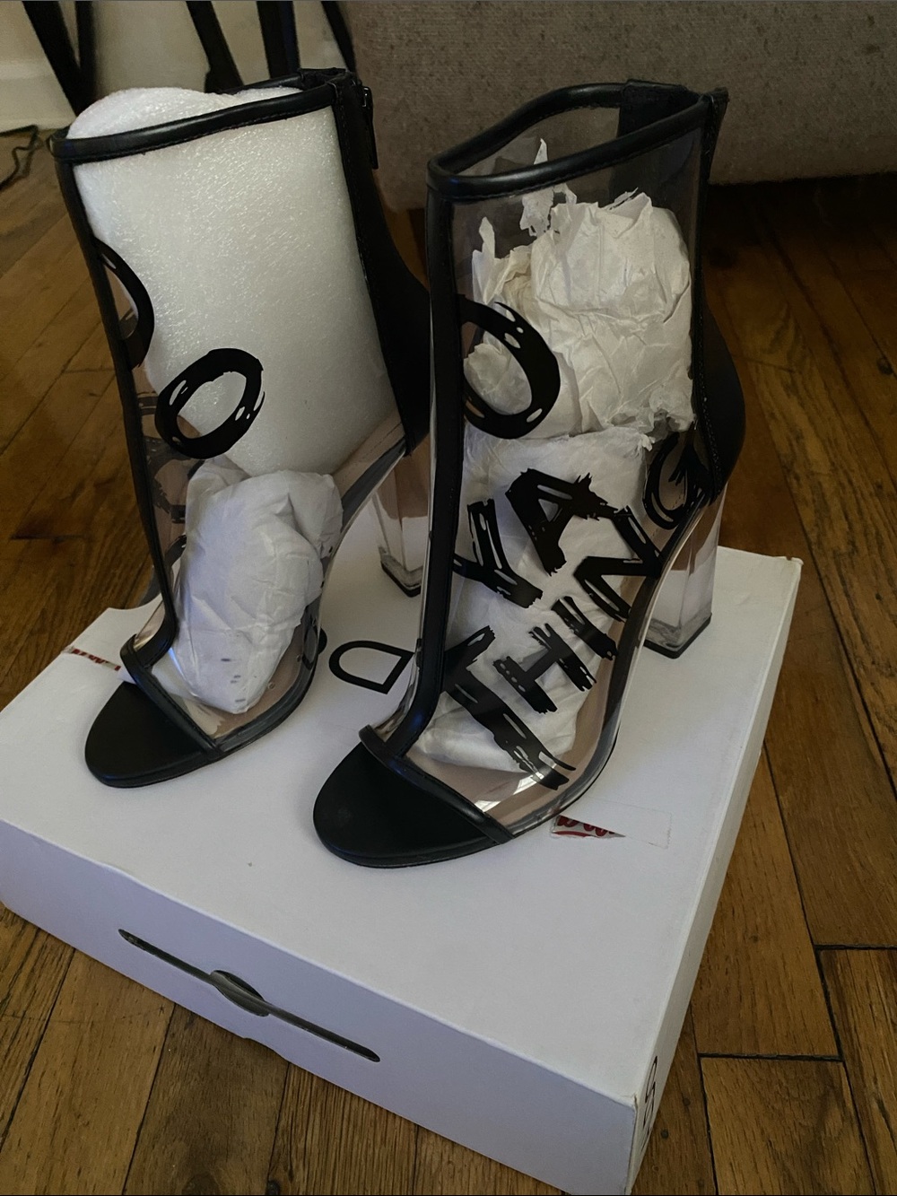 Aldo Clear Block Heel Sandals with Black Trim and Graphic Detail